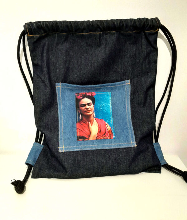 blue black denim backpack frida kahlo in red