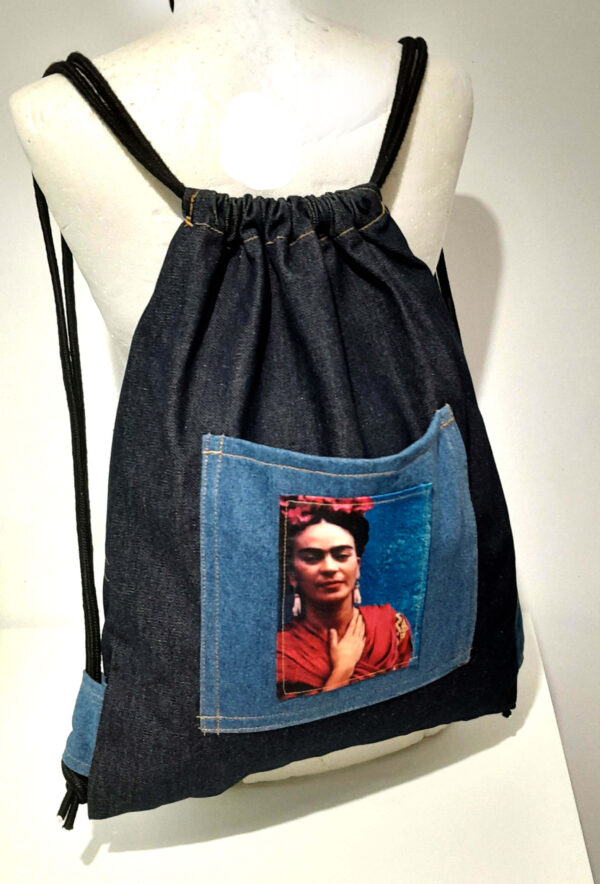 blue black denim backpack frida kahlo in red